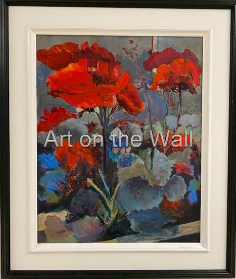 w   Red Geraniums with Blue Leaves   Carolyn Vienneau  Acrylic   600.00